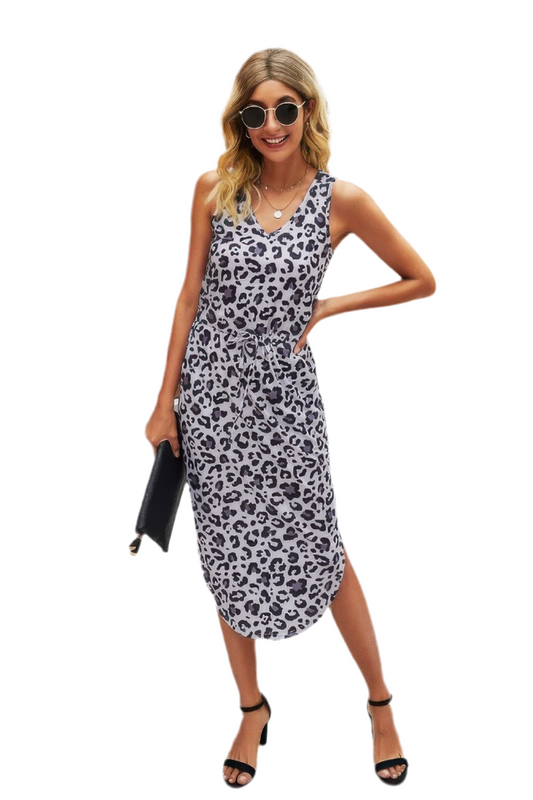 Lovely Leopard Printed Deep V Neck Sleeveless Loose Dress