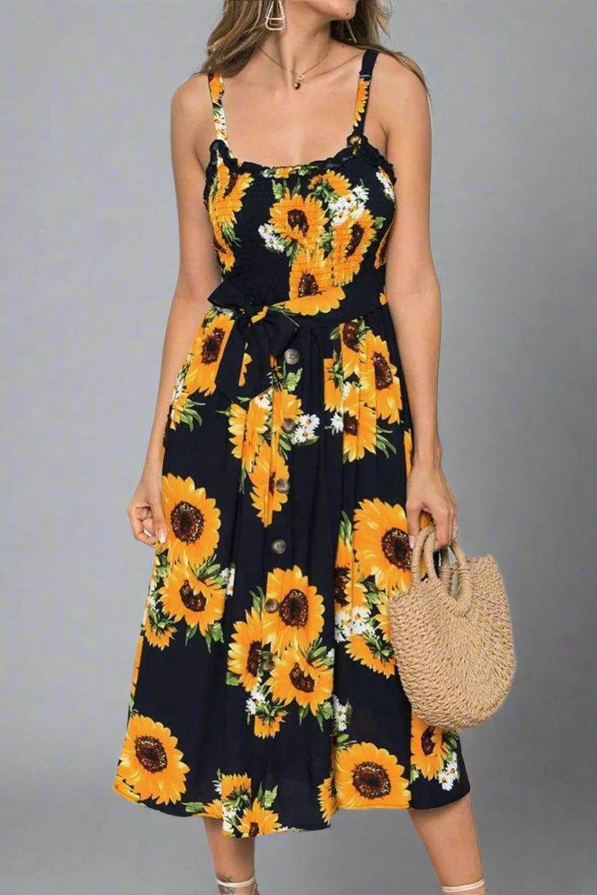 Sunflower Spaghetti Strap Cami Dress – Effortless Style for Every Occasion!