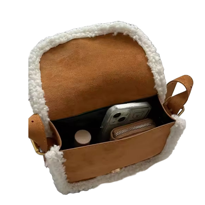 Fleece Trimmed Solid Crossbodybag Adjustable Strap
