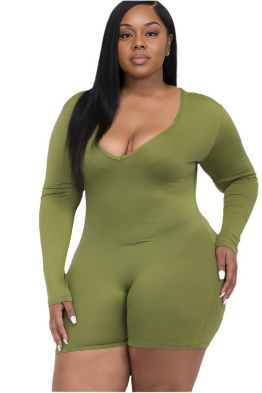 Plus V-neck Long Sleeve Bodycon Romper