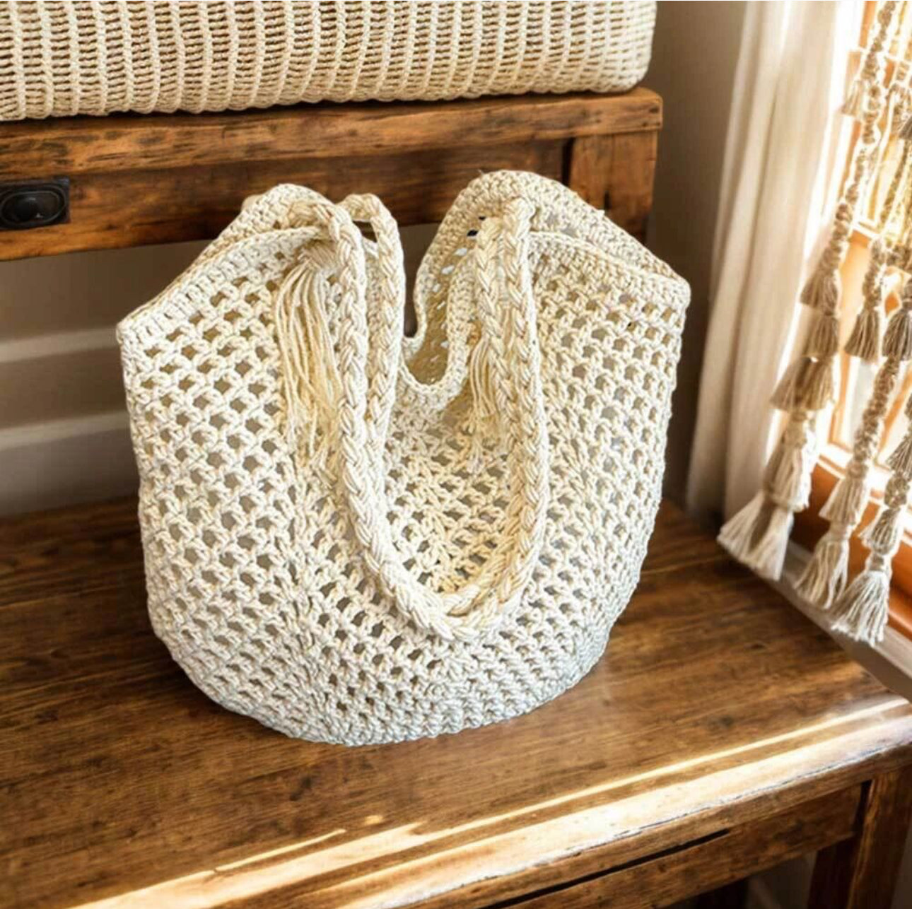 Women's Crochet Solid Color Square Open Tote Bag