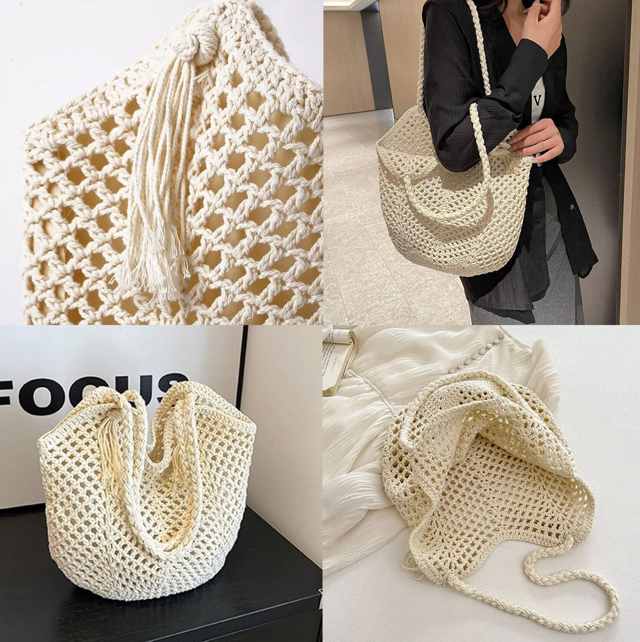 Women's Crochet Solid Color Square Open Tote Bag