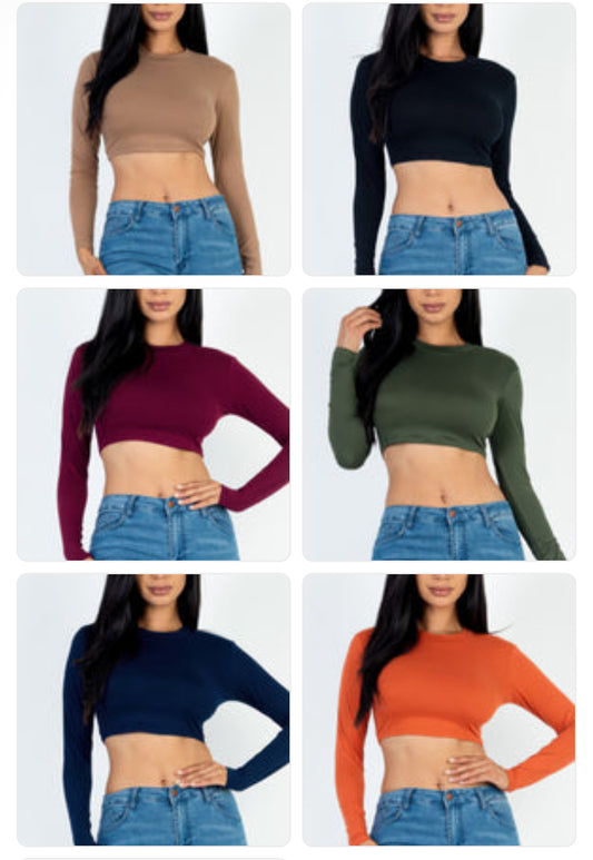 Chic Crew Neck Long Sleeve Cropped Top-12 colors