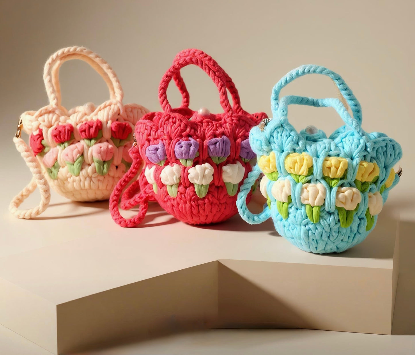 Mini Knitted Tote Bag Children's Single Shoulder Bag With Earphone Holder Sweet Flower Design Kids Backpack Unisex Bag