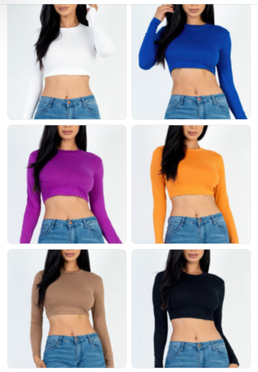 Chic Crew Neck Long Sleeve Cropped Top-12 colors