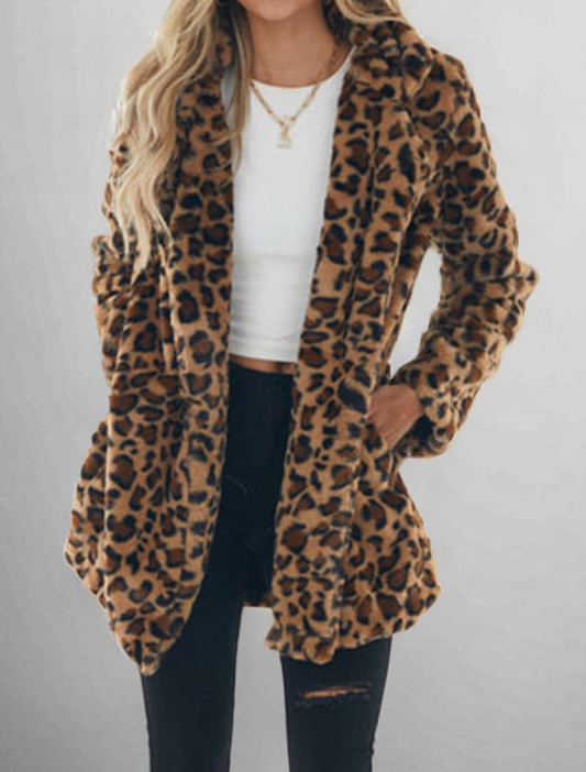 Leopard Collared Neck Coat with Pockets
