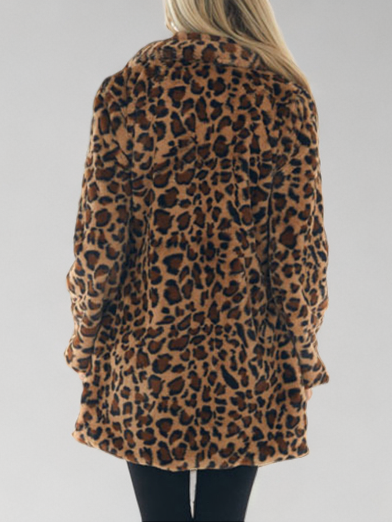 Leopard Collared Neck Coat with Pockets