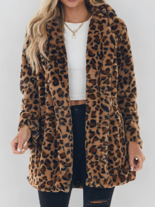 Leopard Collared Neck Coat with Pockets